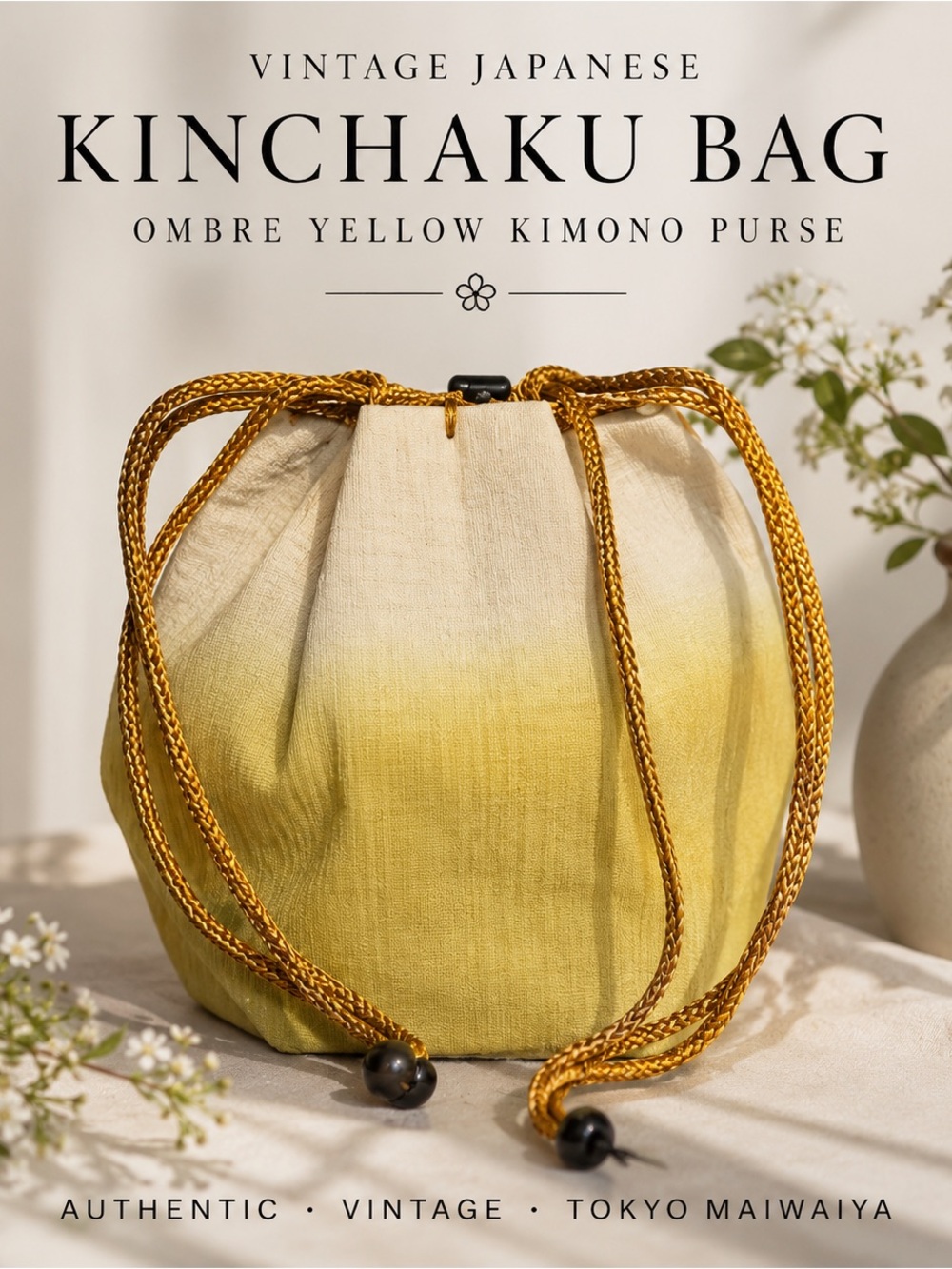 Vintage Japanese Kinchaku Drawstring Bag | Ombre Yellow Kimono Purse